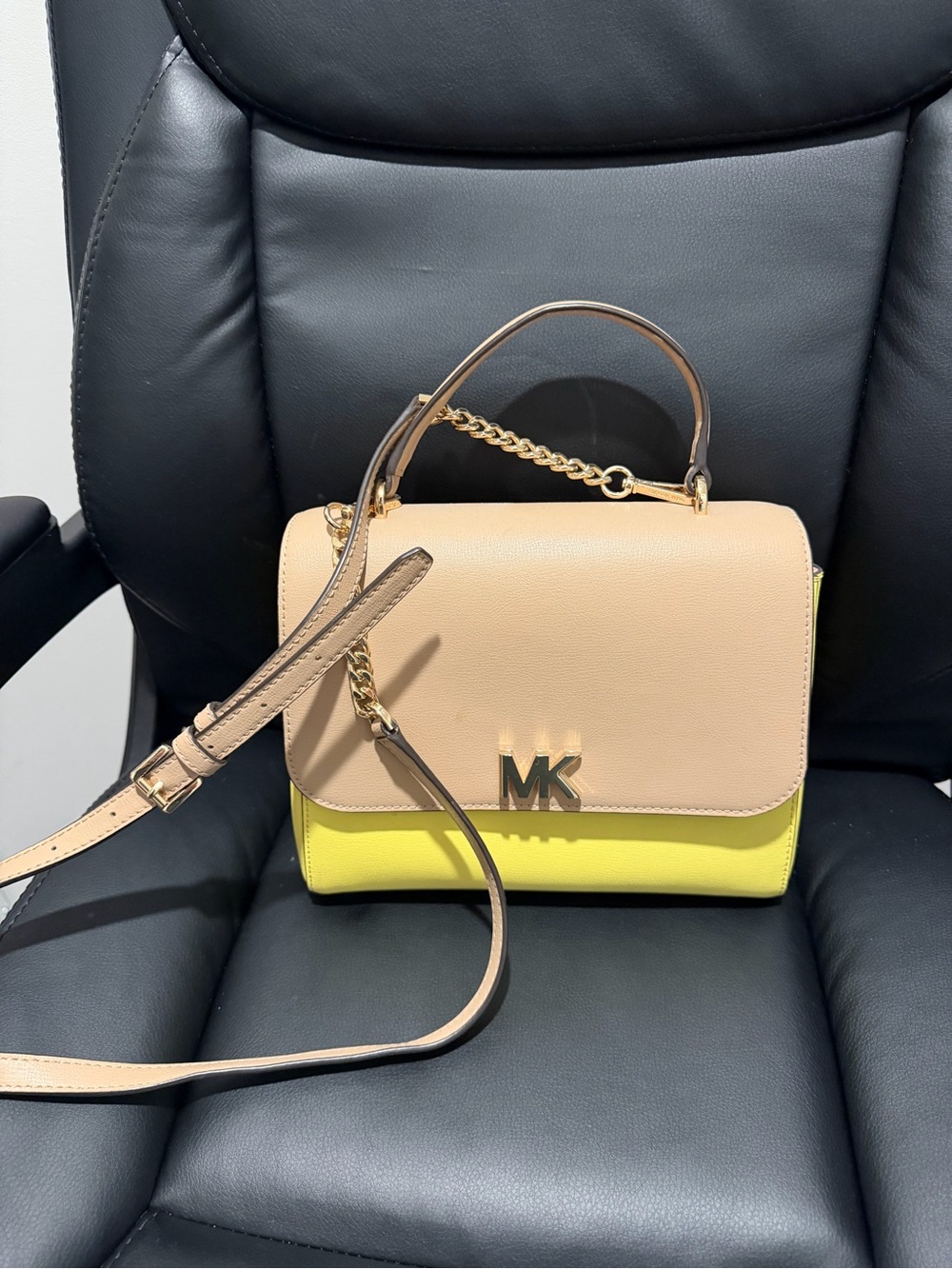 Michael Kors Two-Tone Leather Satchel in Beige & Yellow with Gold hardware